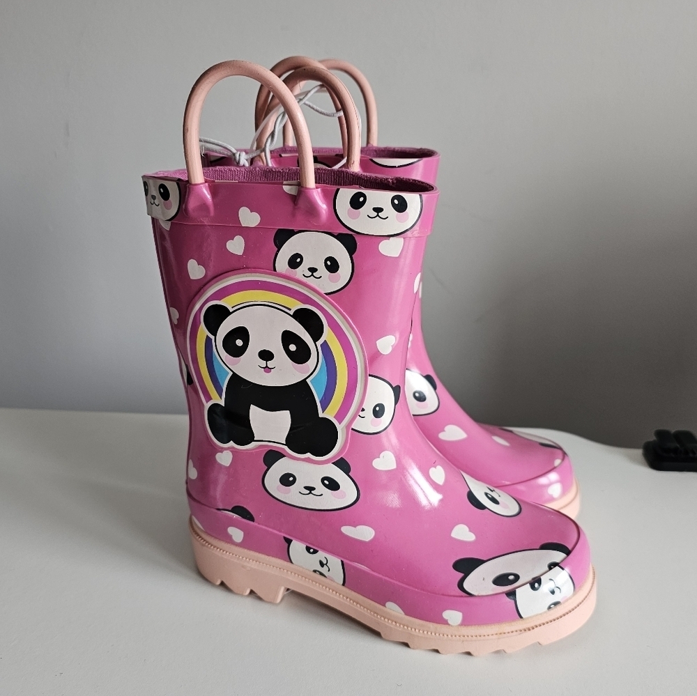Puddle Play Waterproof Pink Panda Rubber Rain Boots Size 8 New